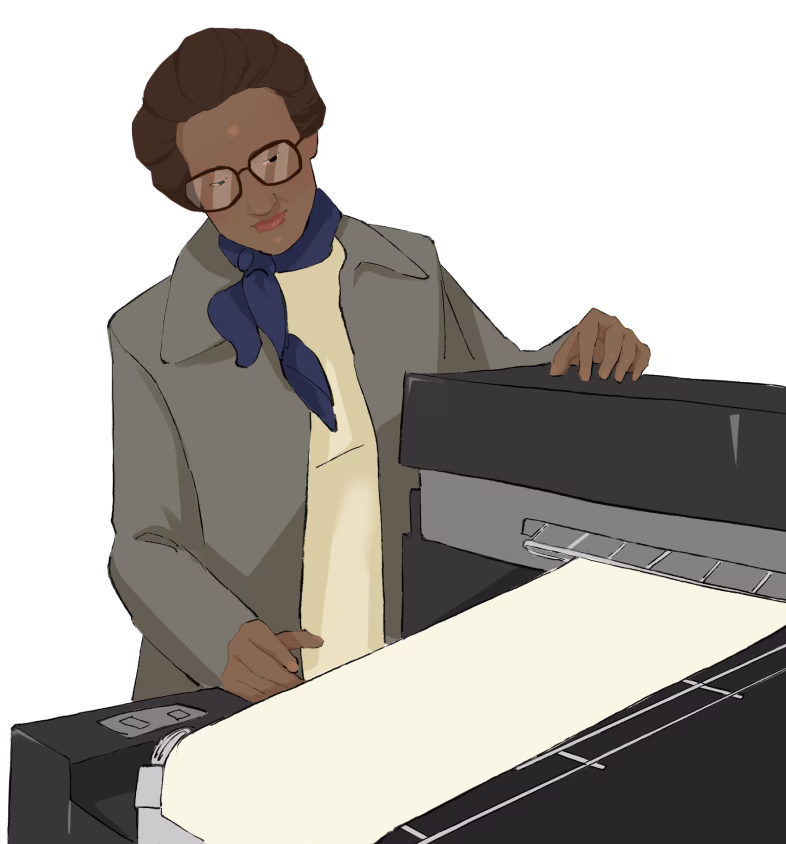 Illustration de Katherine Johnson jeune travaillant sur des calculs